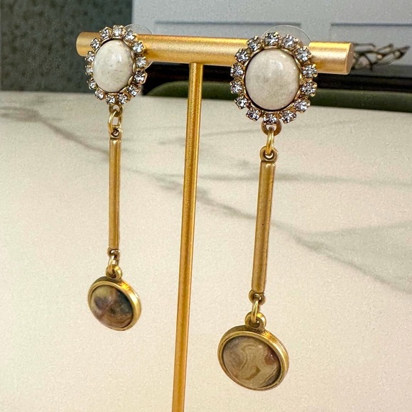 TOVA Neutral Coloured Gemstone and Crystal Long Earrings in Coated Brass - Picture 12 of 14